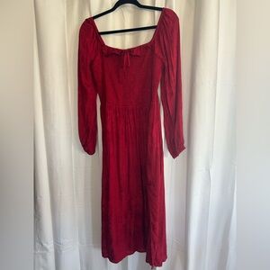 Milkmaid Midi Red Printed Dress Christmas Holiday Festive Pockets & Slit Y2K